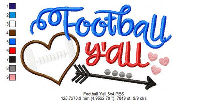 Football Y’all Heart - Appliqué - Machine Embroidery Design