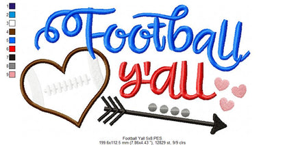 Football Y’all Heart - Appliqué - Machine Embroidery Design