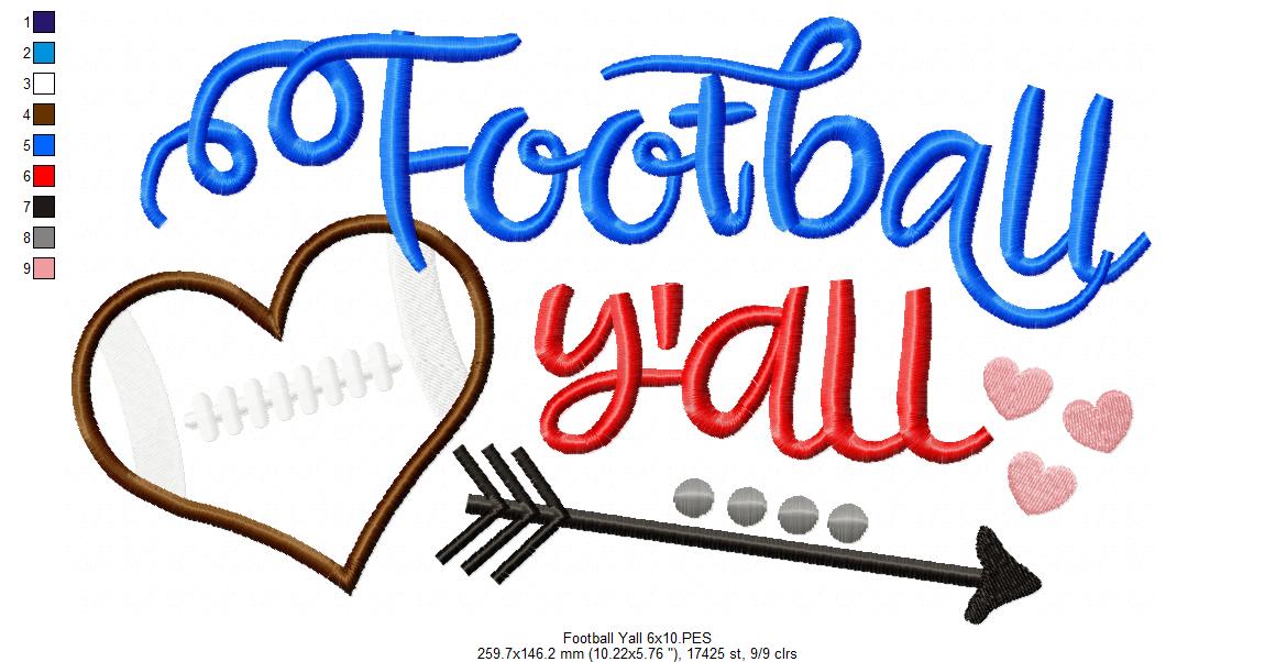 Football Y’all Heart - Appliqué - Machine Embroidery Design