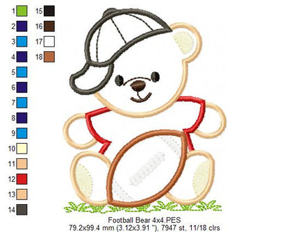 Cute Teddy Bear Football Player - Appliqué - Machine Embroidery Design