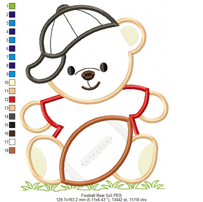Cute Teddy Bear Football Player - Appliqué - Machine Embroidery Design
