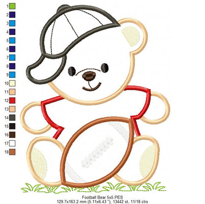 Cute Teddy Bear Football Player - Appliqué - Machine Embroidery Design