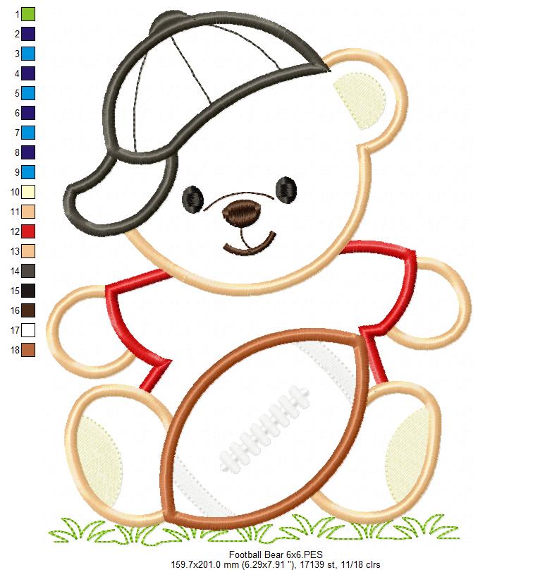 Cute Teddy Bear Football Player - Appliqué - Machine Embroidery Design