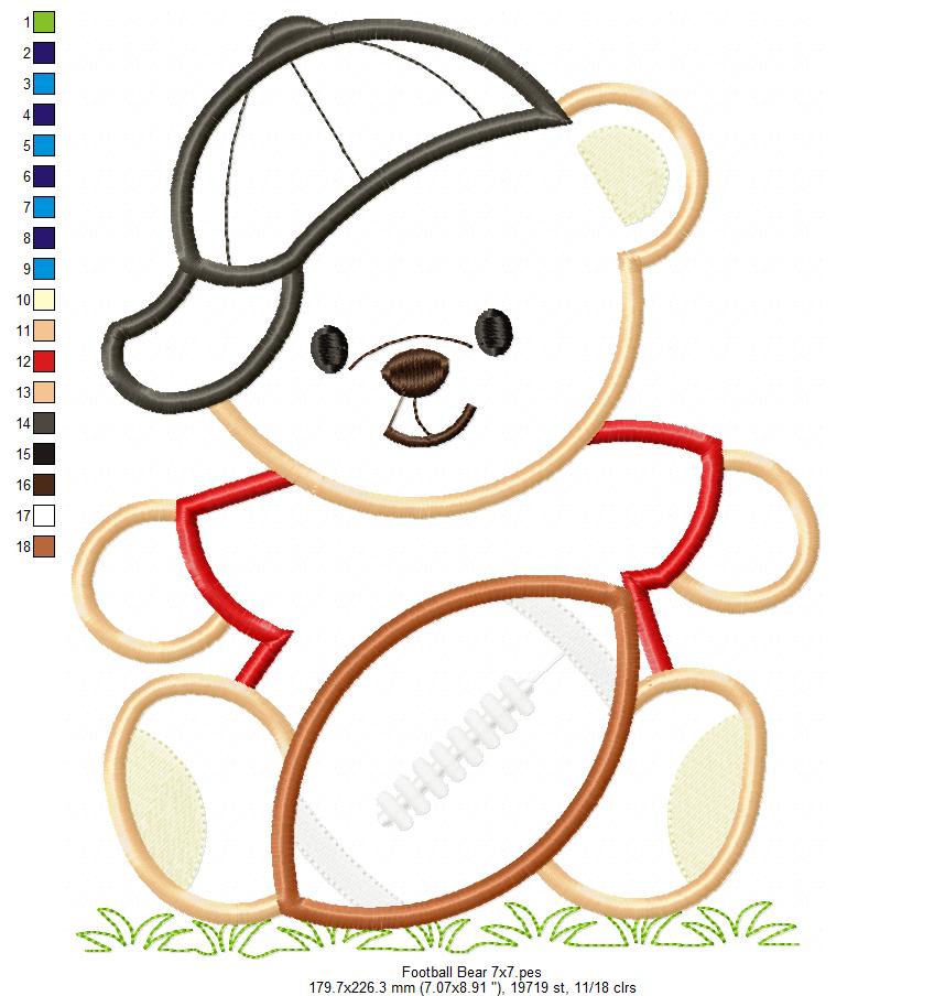 Cute Teddy Bear Football Player - Appliqué - Machine Embroidery Design