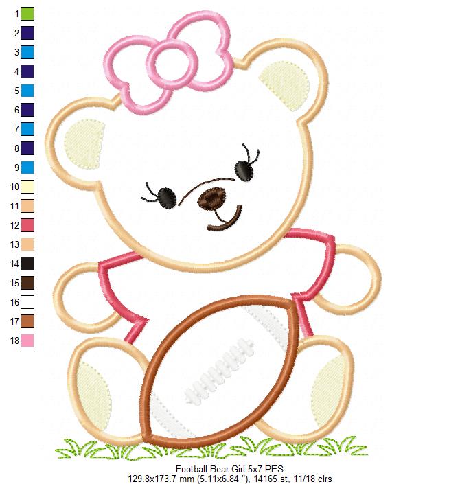 Sweet Football Teddy Girl – Appliqué - Machine Embroidery Design