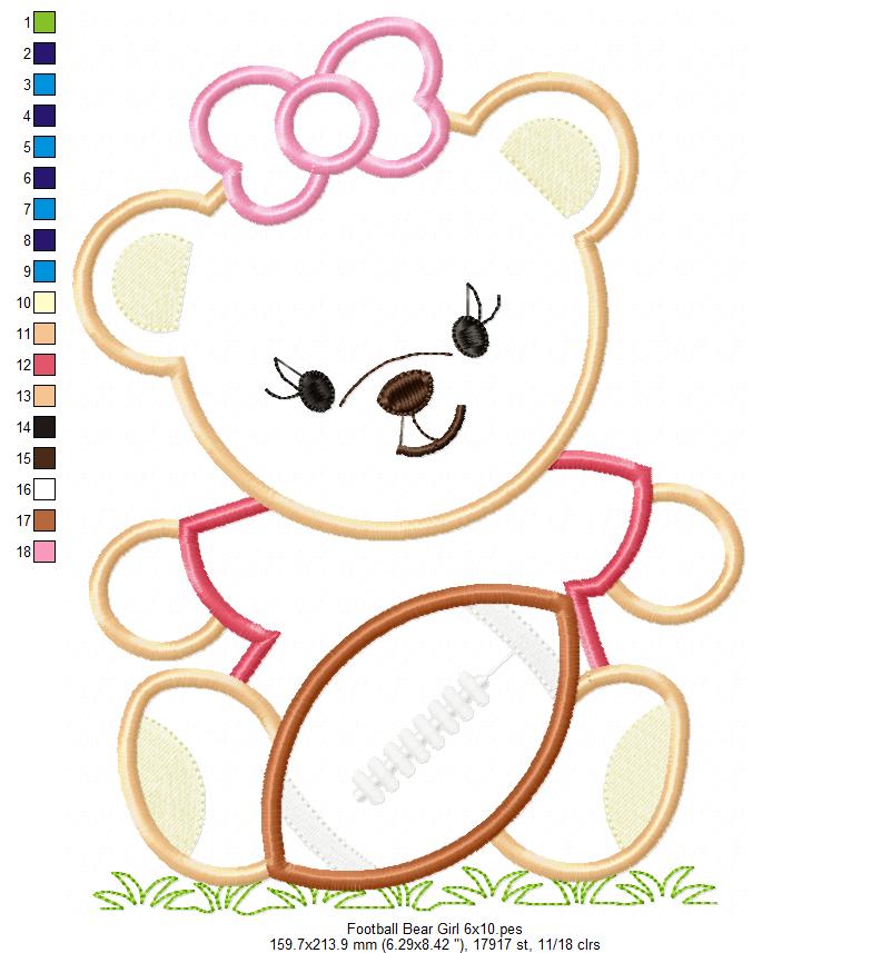 Sweet Football Teddy Girl – Appliqué - Machine Embroidery Design