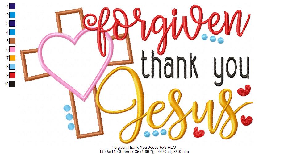Easter Cross Forgiven Thank you Jesus - Applique - Machine Embroidery Design