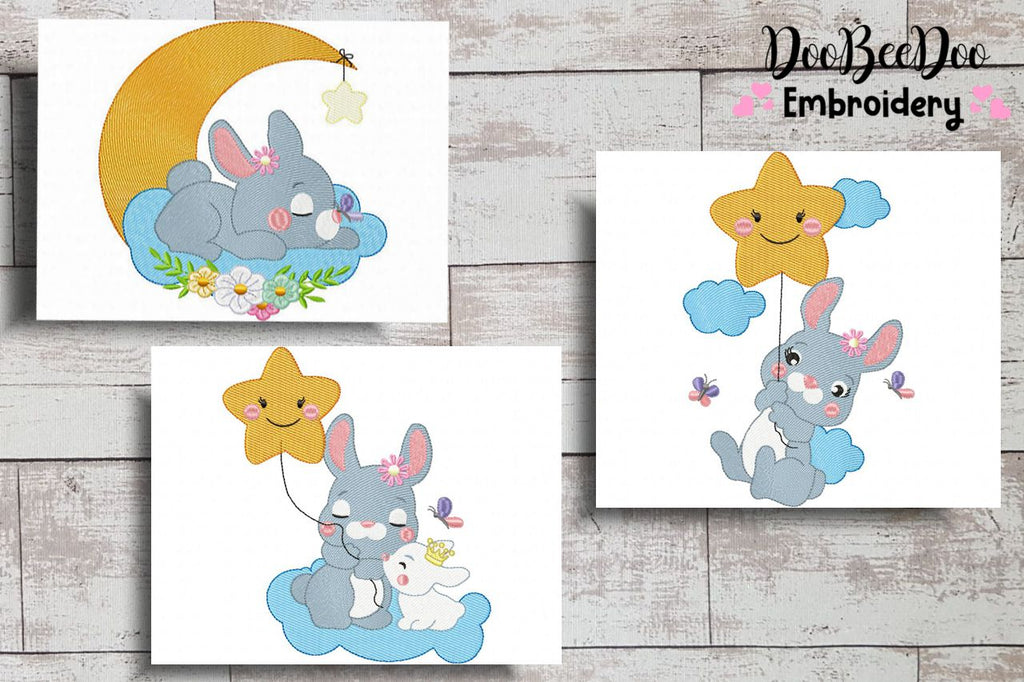Baby Bunny Smile With Star Ballon - Set of 3 Designs - Rippled-Machine Embroidery Design
