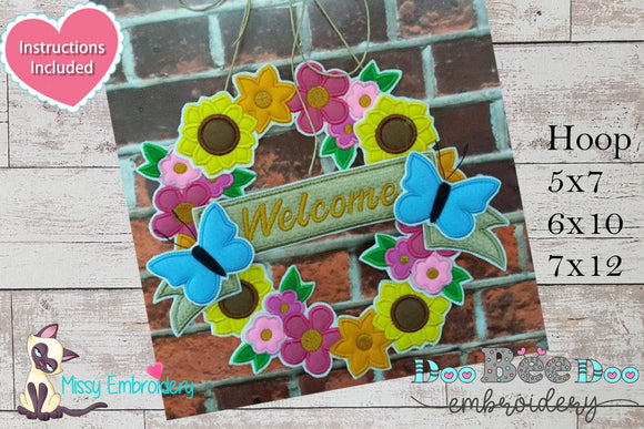 Wreath Flowers Welcome - ITH Applique