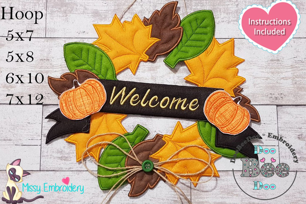 Fall Leaves and Pumpking Welcome Wreath - ITH Project - Machine Embroidery Design