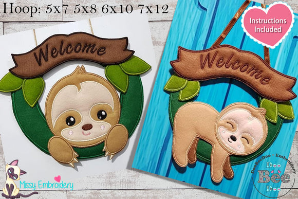 Sloth Welcome Wreath Set of 2 Designs - ITH Project - Machine Embroidery Design