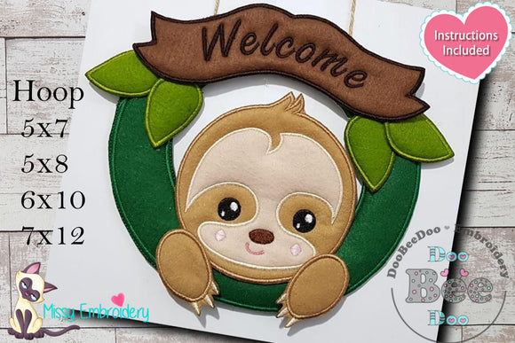 Baby Sloth Welcome Wreath - ITH Project - Machine Embroidery Design