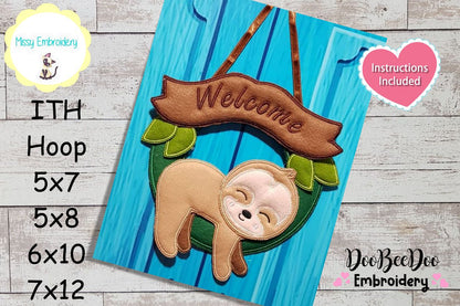 Sloth Sleeping Welcome Wreath - ITH Project - Machine Embroidery Design