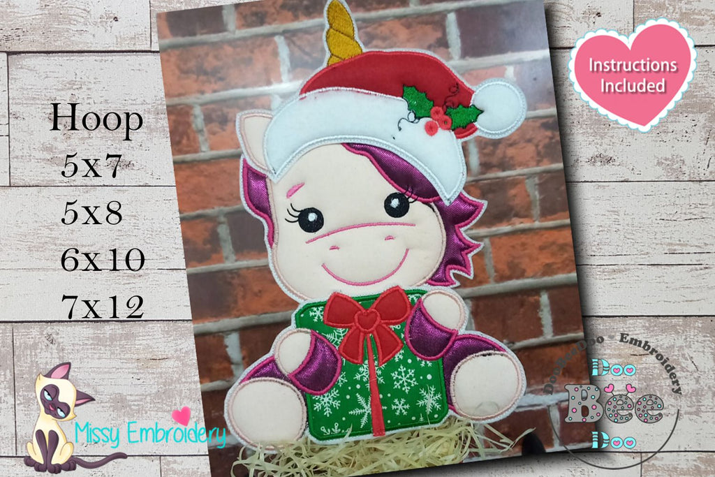 Christmas Unicorn Holding a Gift - ITH Project - Machine Embroidery Design