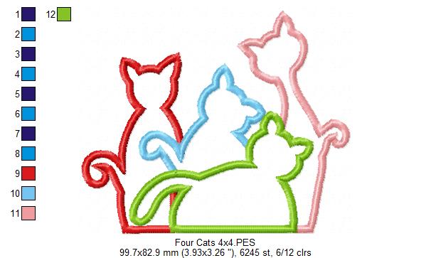 Four Colorful Cats – Appliqué – Machine Embroidery Design