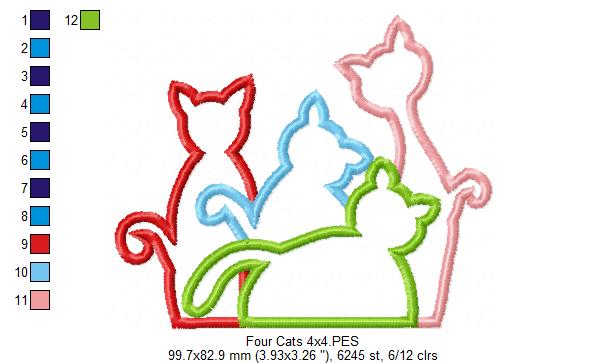 Four Colorful Cats - Applique Embroidery