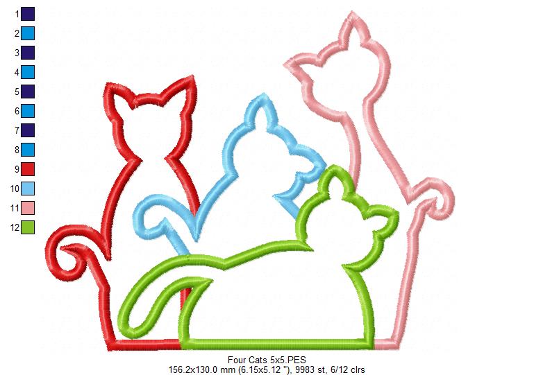Four Colorful Cats – Appliqué – Machine Embroidery Design