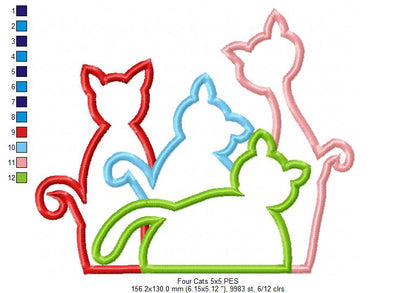 Four Colorful Cats – Appliqué – Machine Embroidery Design