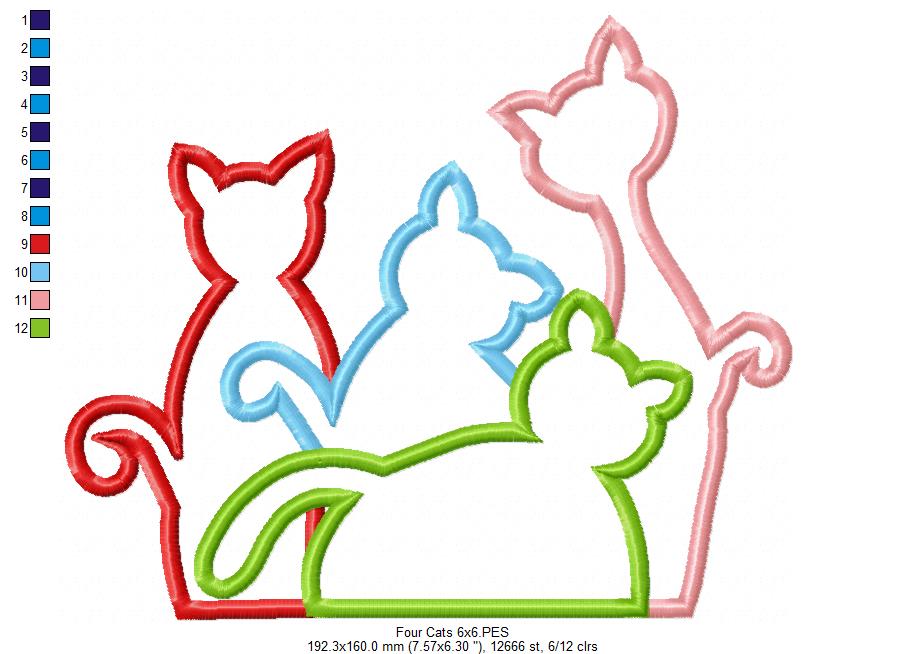 Four Colorful Cats – Appliqué – Machine Embroidery Design