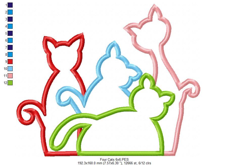 Four Colorful Cats - Applique Embroidery