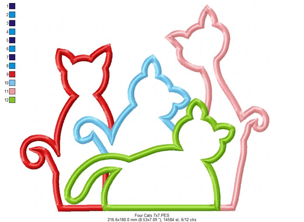 Four Colorful Cats – Appliqué – Machine Embroidery Design
