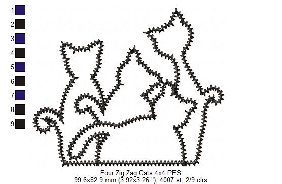 Four Cats – Zigzag Appliqué – Machine Embroidery Design