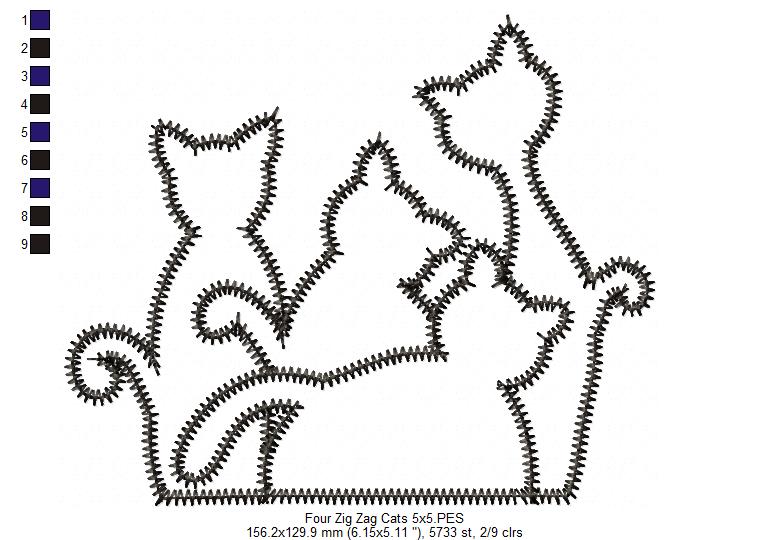 Four Cats – Zigzag Appliqué – Machine Embroidery Design