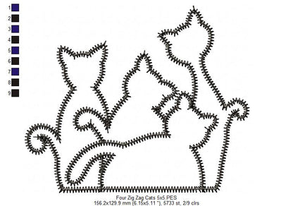 Four Cats – Zigzag Appliqué – Machine Embroidery Design