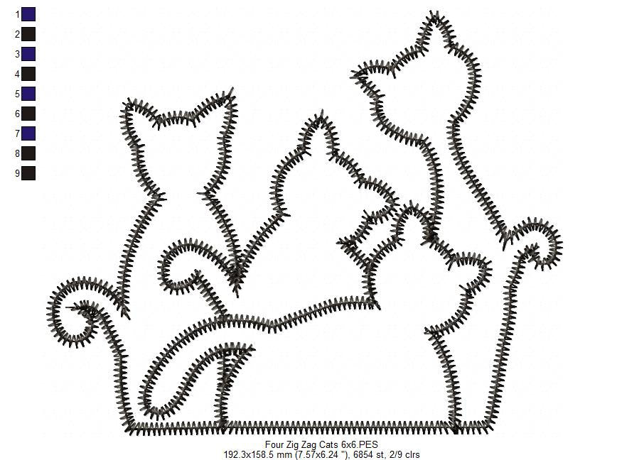 Four Cats – Zigzag Appliqué – Machine Embroidery Design