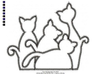 Four Cats – Zigzag Appliqué – Machine Embroidery Design