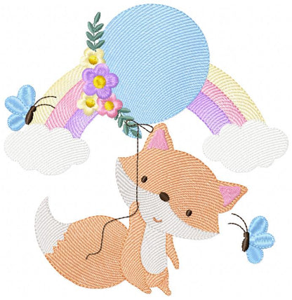 Fox Boy, Rainbow and Balloon - Rippled Stitch - Machine Embroidery Design