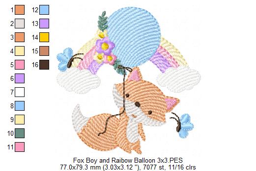 Fox Boy, Rainbow and Balloon - Rippled Stitch - Machine Embroidery Design