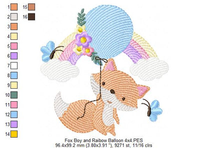 Fox Boy, Rainbow and Balloon - Rippled Stitch - Machine Embroidery Design