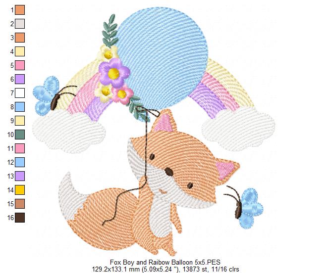 Fox Boy, Rainbow and Balloon - Rippled Stitch - Machine Embroidery Design