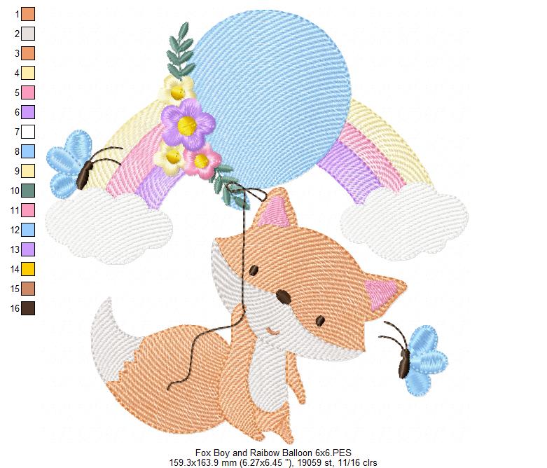 Fox Boy, Rainbow and Balloon - Rippled Stitch - Machine Embroidery Design