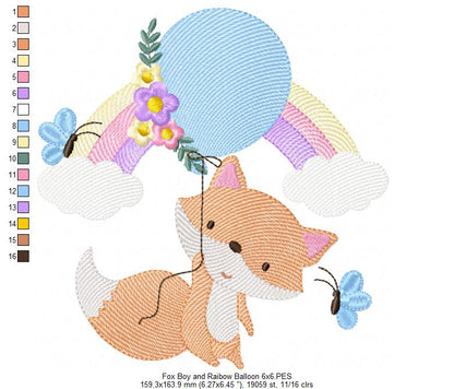 Fox Boy, Rainbow and Balloon - Rippled Stitch - Machine Embroidery Design