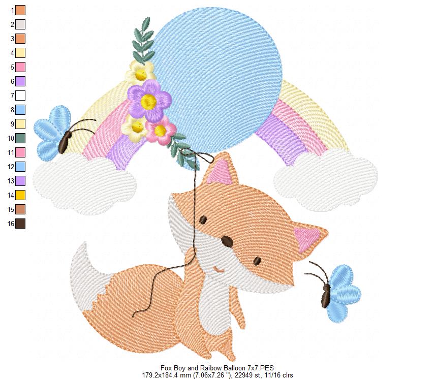 Fox Boy, Rainbow and Balloon - Rippled Stitch - Machine Embroidery Design