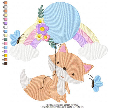 Fox Boy, Rainbow and Balloon - Rippled Stitch - Machine Embroidery Design