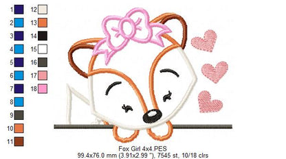 Cute Fox Girl with Bow - Applique - Machine Embroidery Design