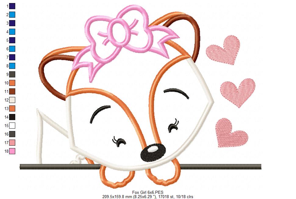 Cute Fox Girl with Bow - Applique - Machine Embroidery Design
