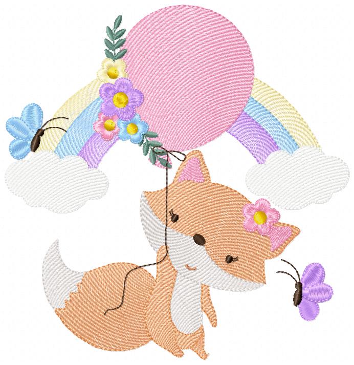 Fox Girl, Rainbow and Balloon - Rippled Stitch - Machine Embroidery Design
