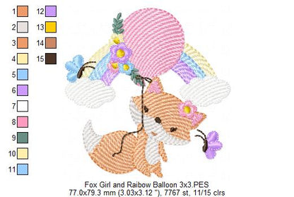Fox Girl, Rainbow and Balloon - Rippled Stitch - Machine Embroidery Design