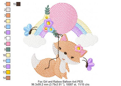 Fox Girl, Rainbow and Balloon - Rippled Stitch - Machine Embroidery Design