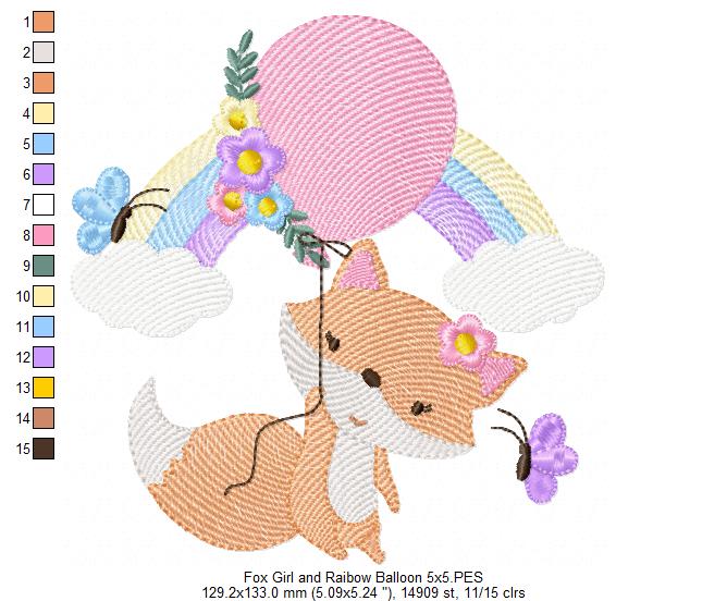 Fox Girl, Rainbow and Balloon - Rippled Stitch - Machine Embroidery Design