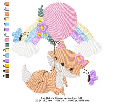 Fox Girl, Rainbow and Balloon - Rippled Stitch - Machine Embroidery Design
