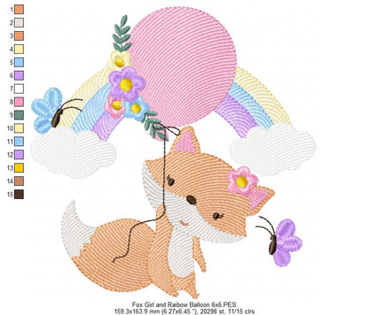 Fox Girl, Rainbow and Balloon - Rippled Stitch - Machine Embroidery Design