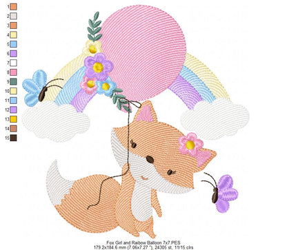 Fox Girl, Rainbow and Balloon - Rippled Stitch - Machine Embroidery Design