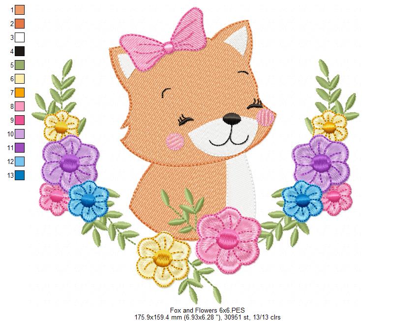 Fox and Flowers - Fill Stitch - Machine Embroidery Design