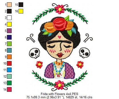 Frida Kahlo with Flowers - Fill Stitch
