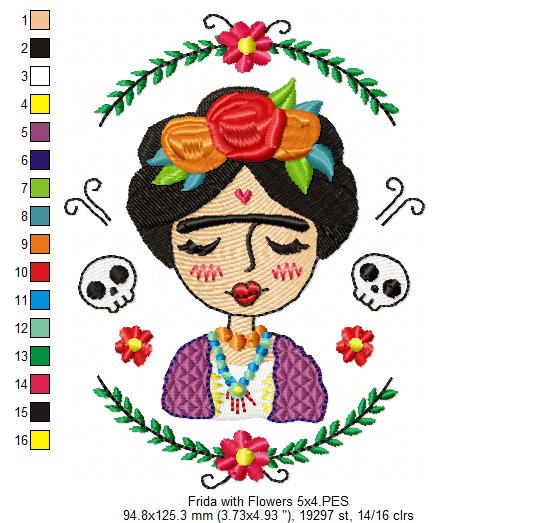 Frida Kahlo with Flowers - Fill Stitch